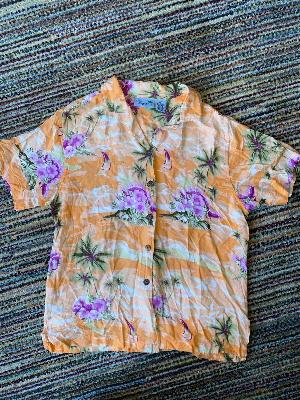 Jane Ashley Orange Floral Aloha Shirt with Purple Accents